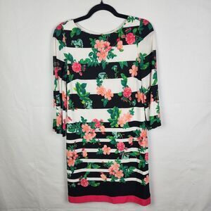 Eliza J Multicolor Shift Floral And Striped Midi Dress Size 6 Wedding  Church